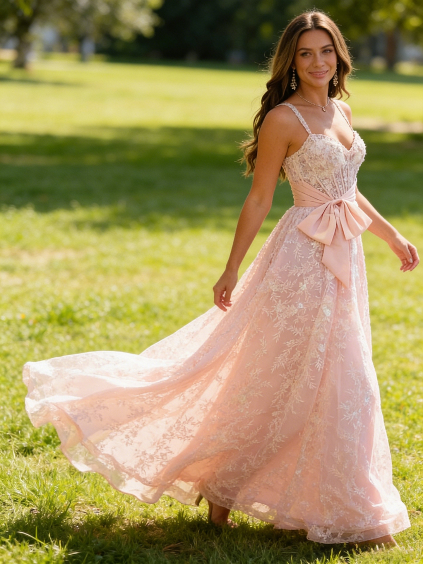 A Line Lace Embroideried  Prom Dresses with Bow