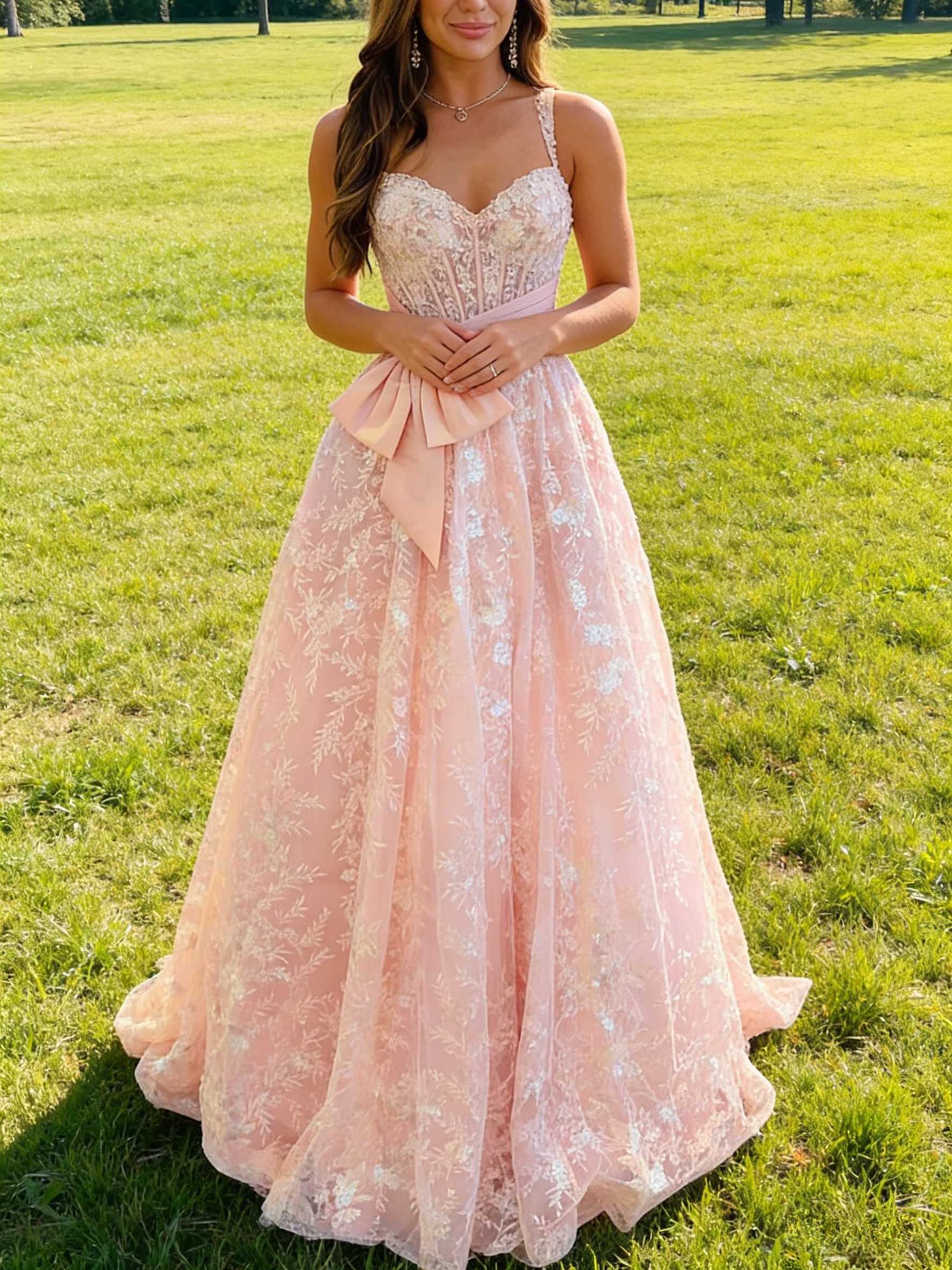A Line Lace Embroideried  Prom Dresses with Bow