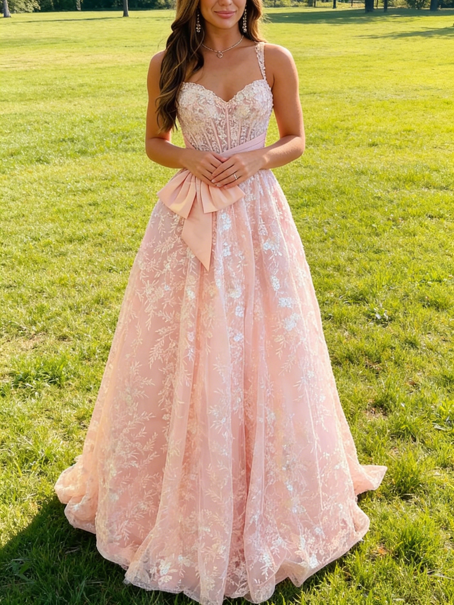 A Line Lace Embroideried  Prom Dresses with Bow