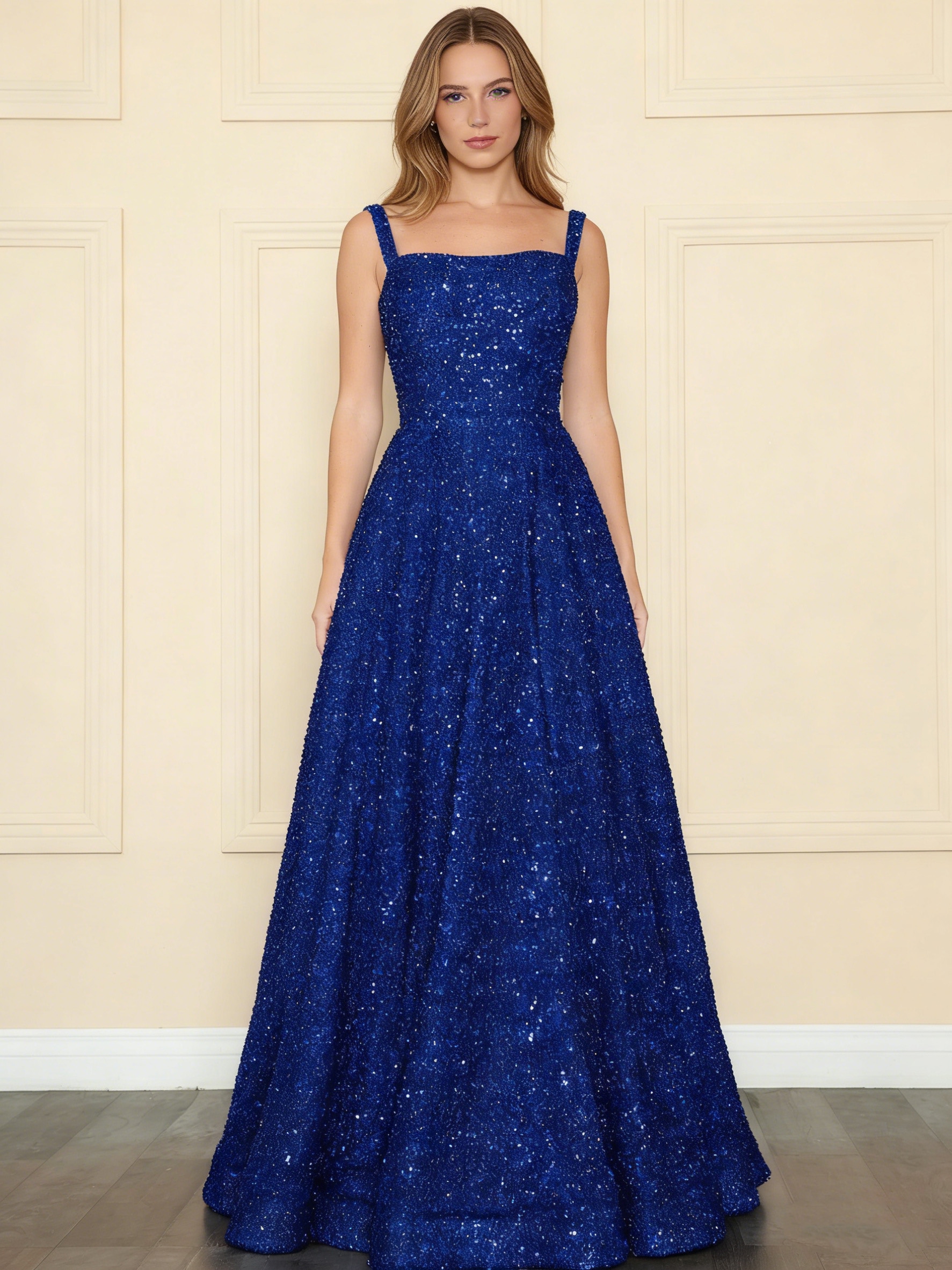 A Line Sequin Square Neck Prom Dresses 