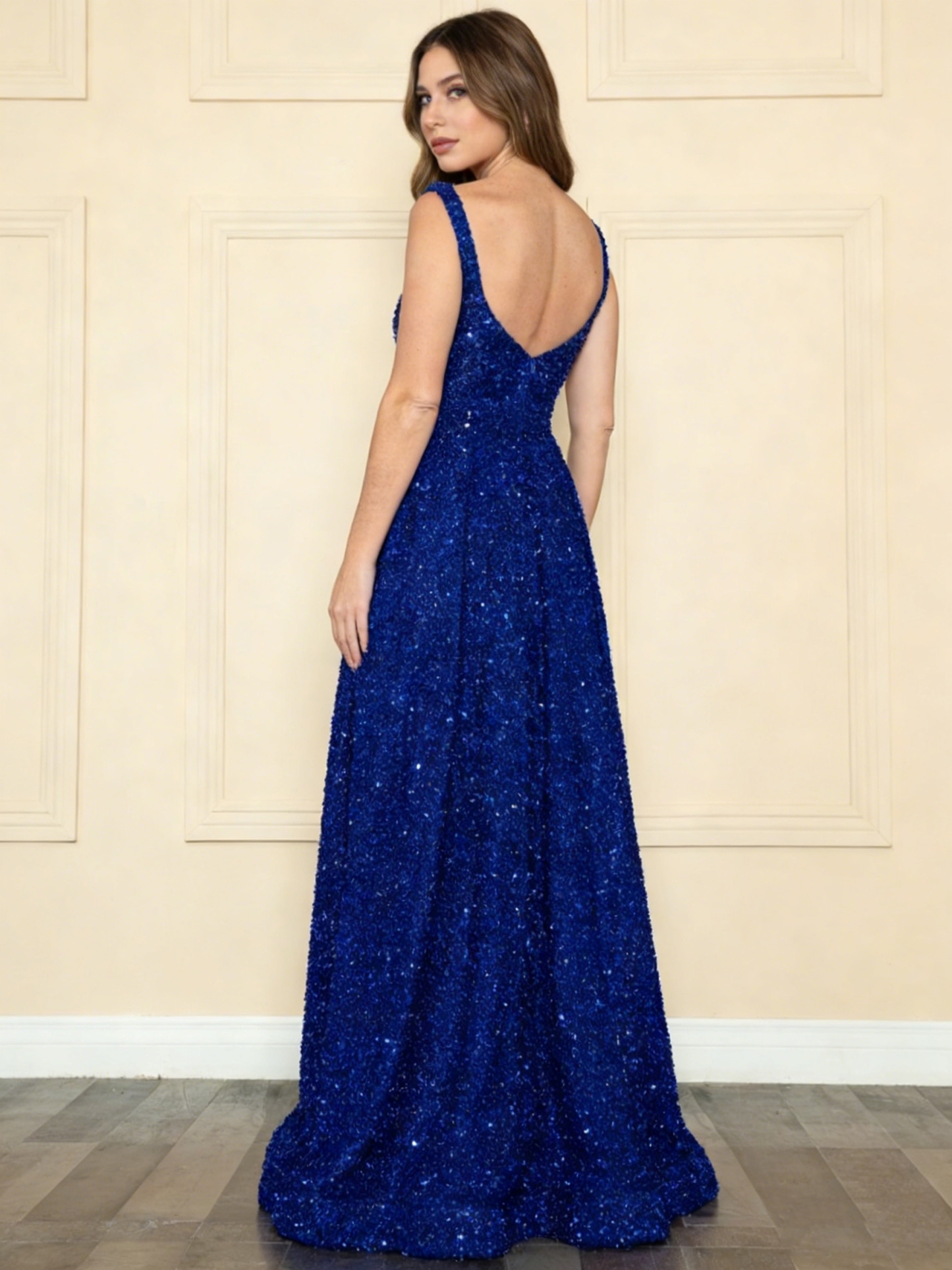 A Line Sequin Square Neck Prom Dresses 