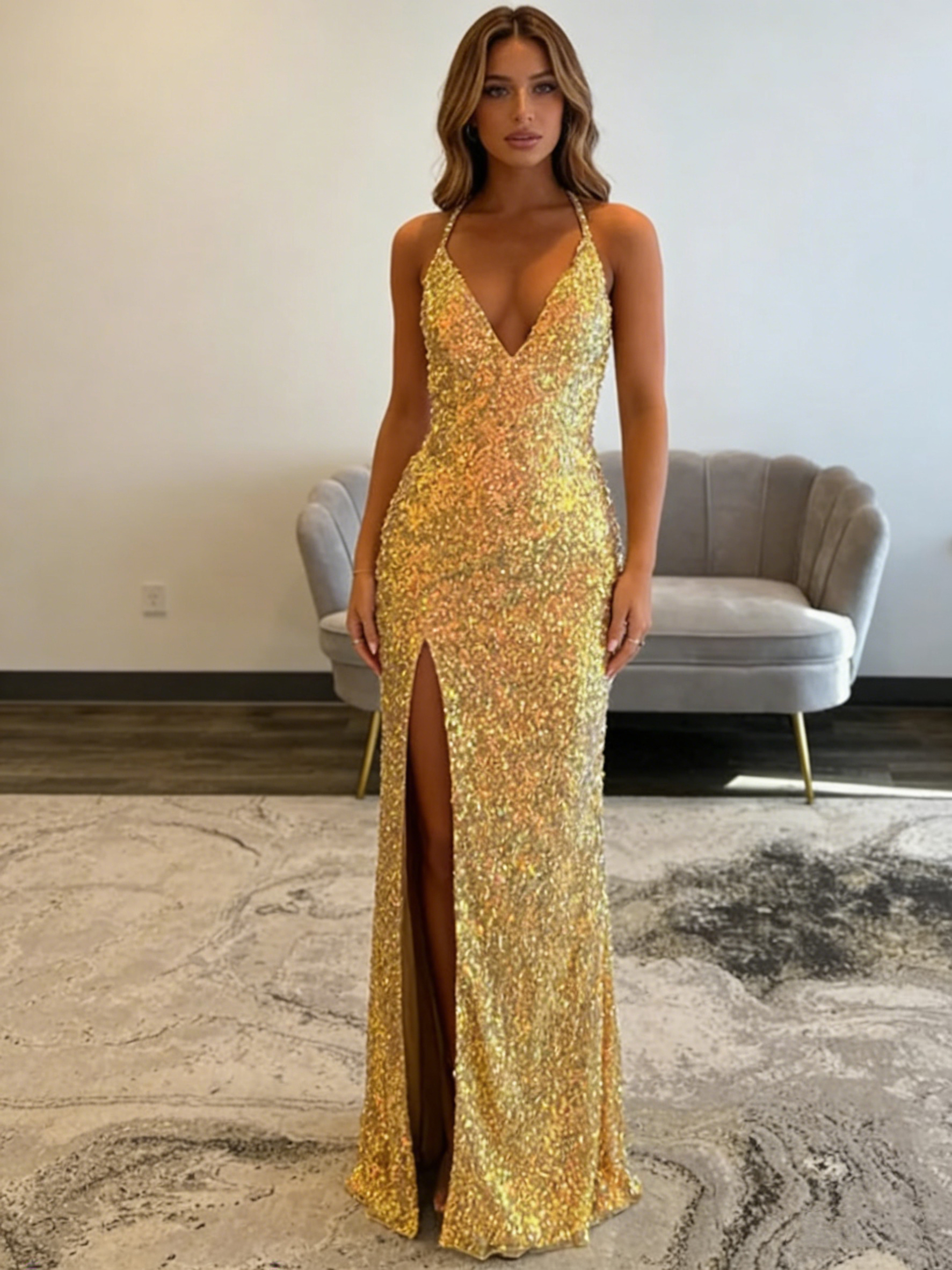 Mermaid Sequin Deep V Neck Prom Dresses 