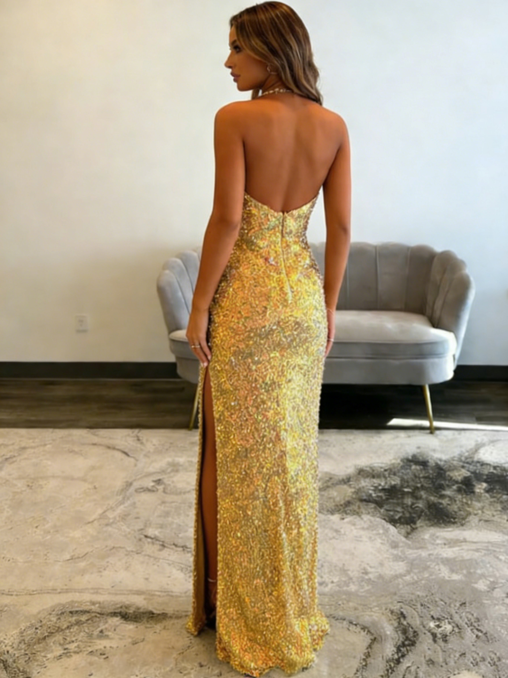 Mermaid Sequin Deep V Neck Prom Dresses 