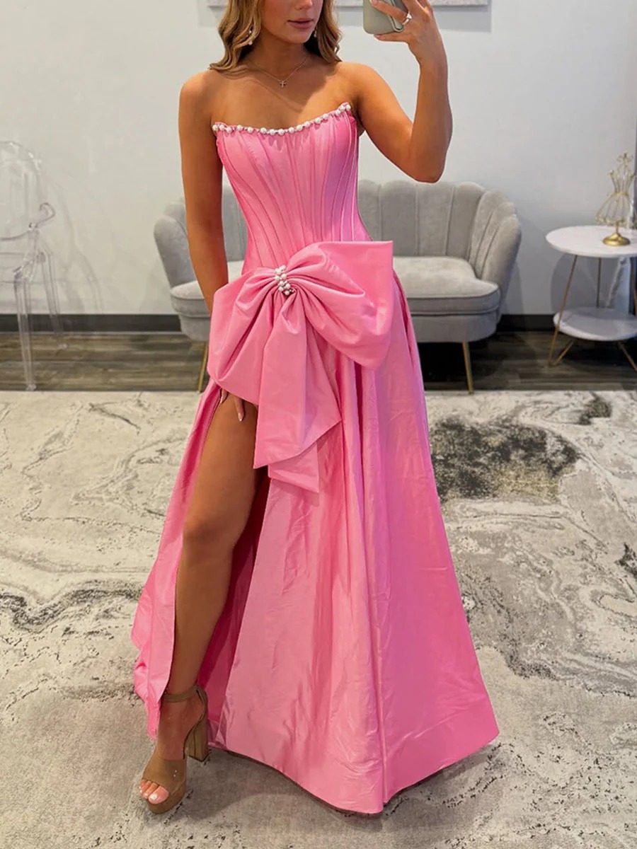 A Line Satin Strapless Prom Dresses with Bow