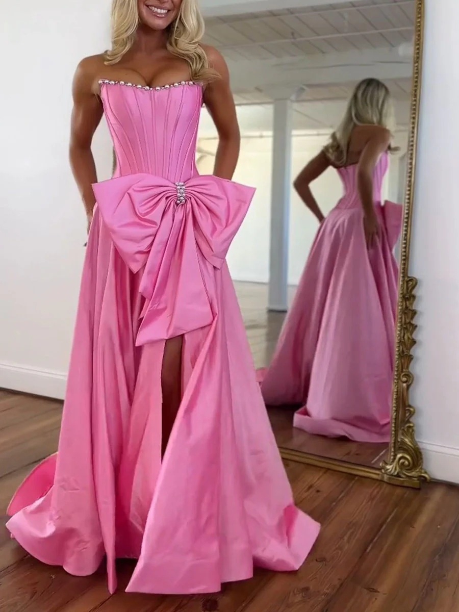 A Line Satin Strapless Prom Dresses with Bow