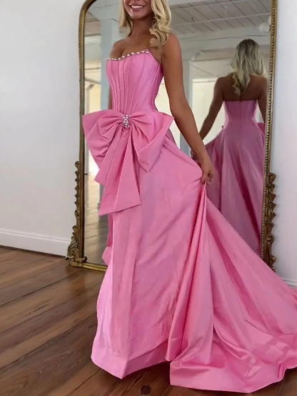 A Line Satin Strapless Prom Dresses with Bow
