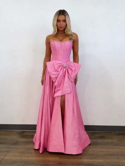 A Line Satin Strapless Prom Dresses with Bow