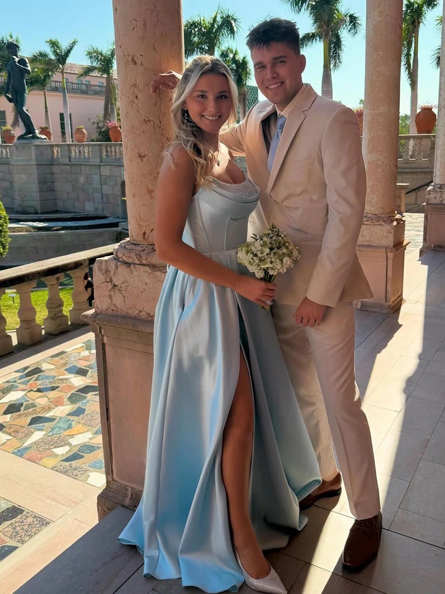 Sparkly Satin Prom Dresses with Slit