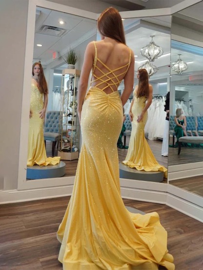 Sparkly Sequin Open Back Prom Dresses wiht Train
