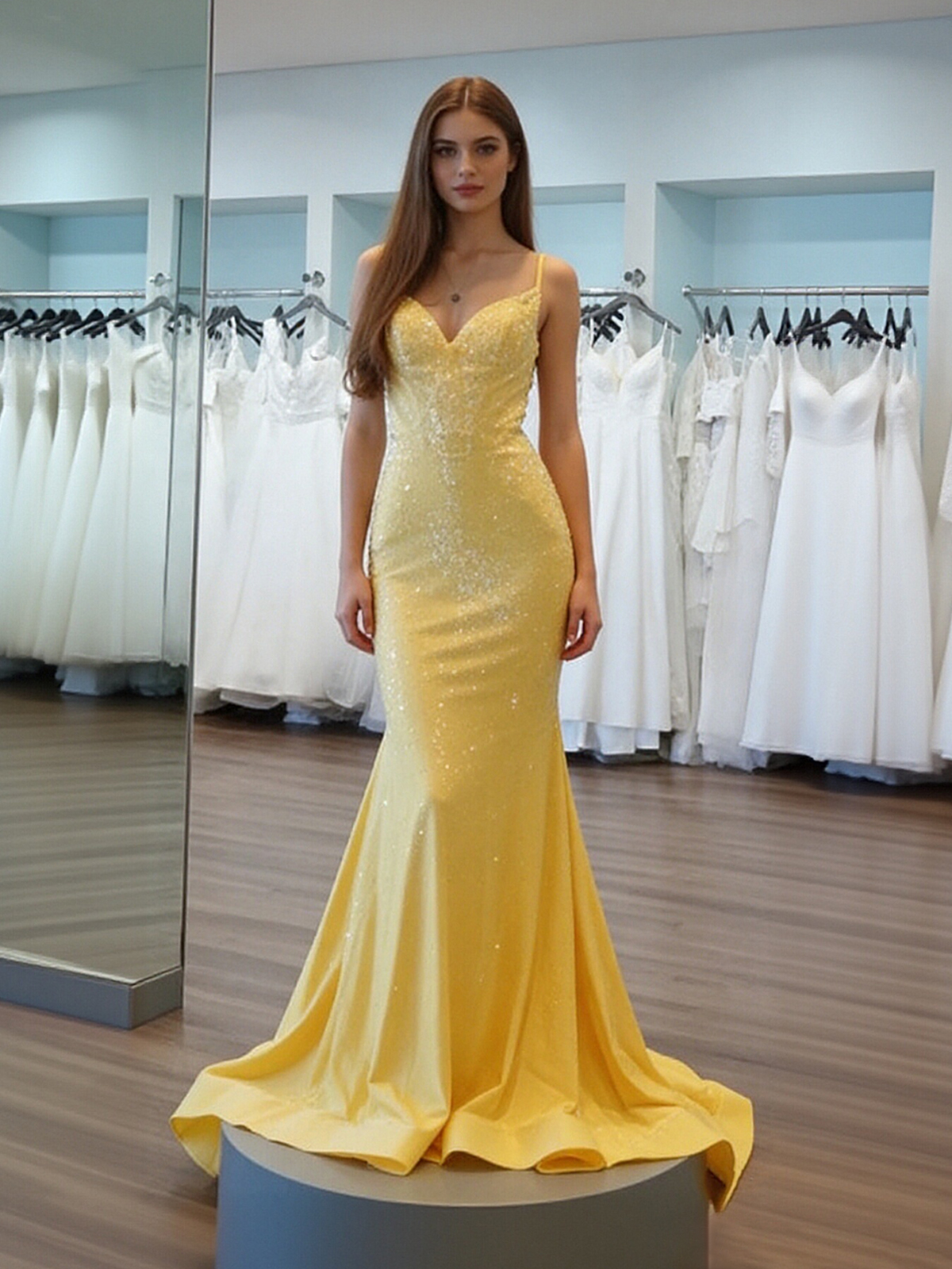 Sparkly Sequin Open Back Prom Dresses wiht Train