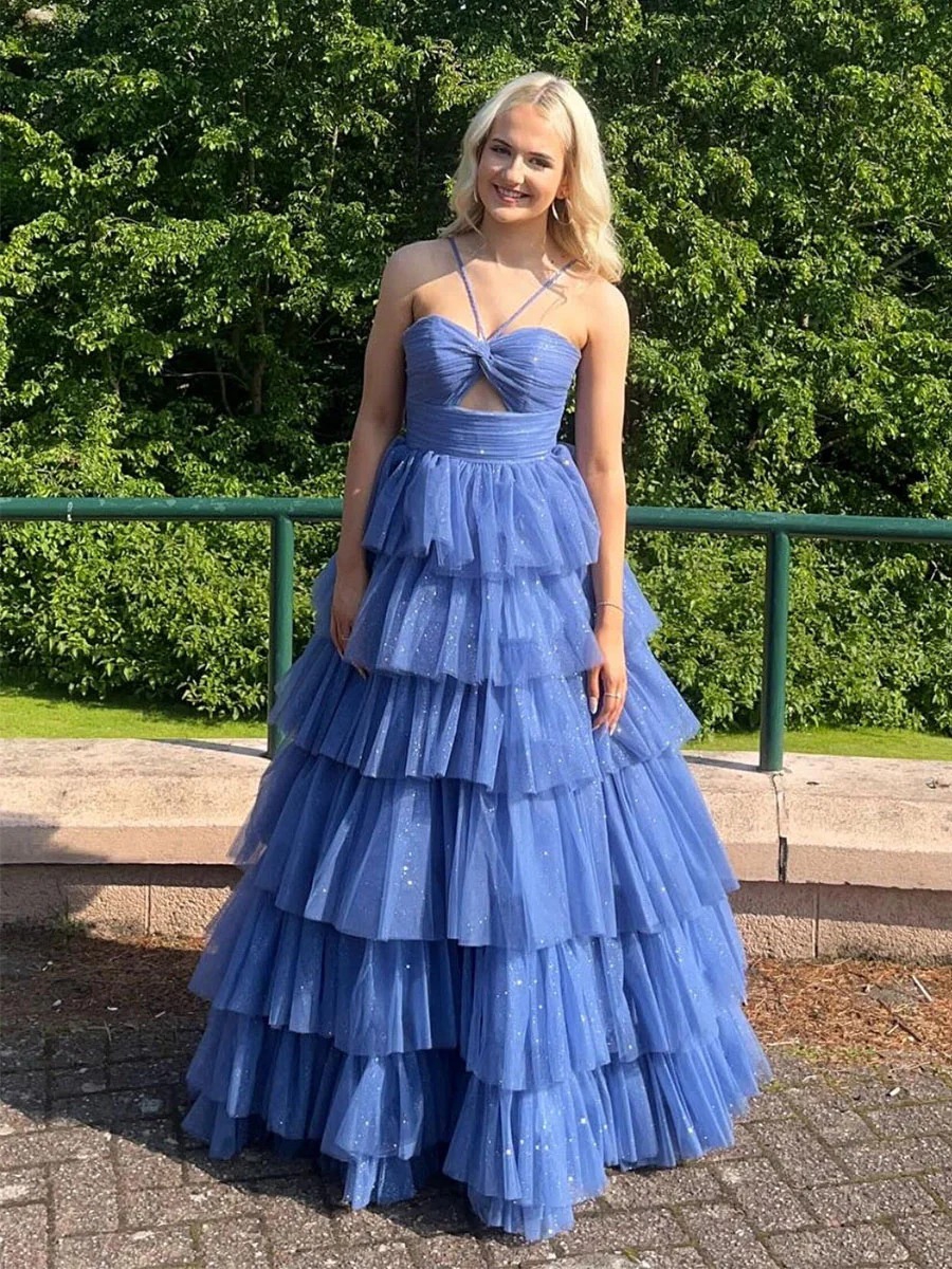 Tiered Tulle Cut Out Prom Dresses 