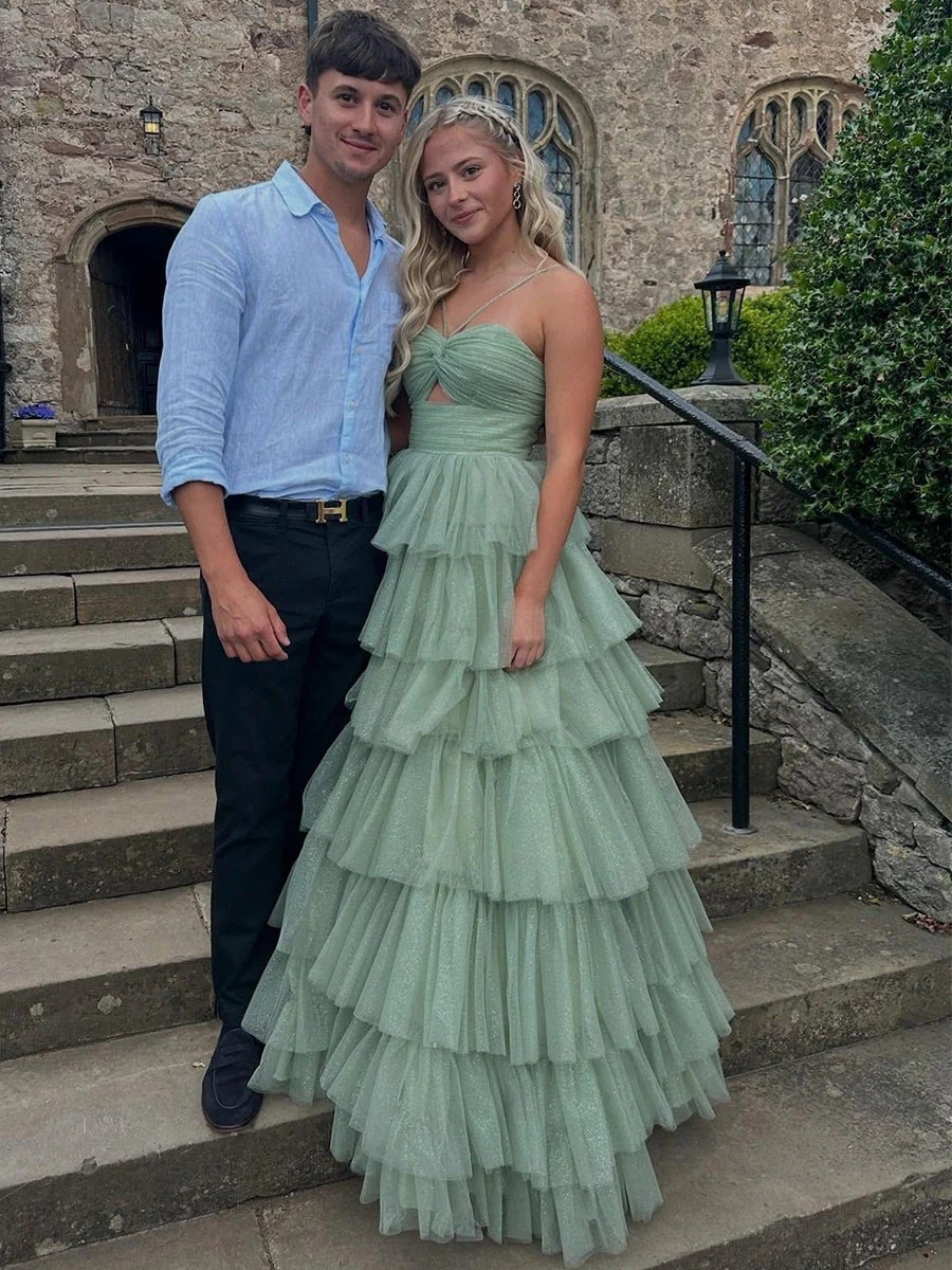 Tiered Tulle Cut Out Prom Dresses 