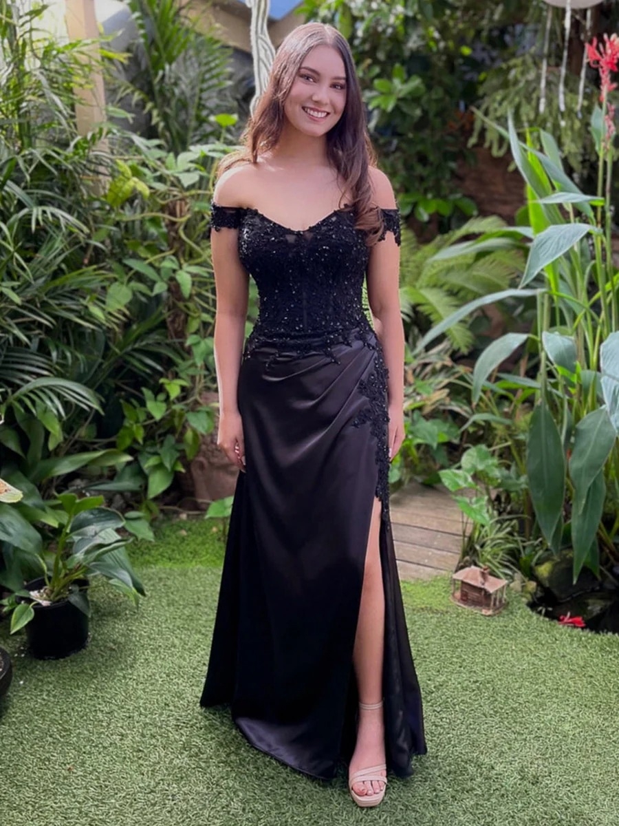 Bodycon Lace Applicues Off Shoulder Prom Dresses with Slit