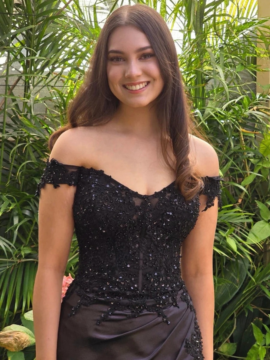 Bodycon Lace Applicues Off Shoulder Prom Dresses with Slit