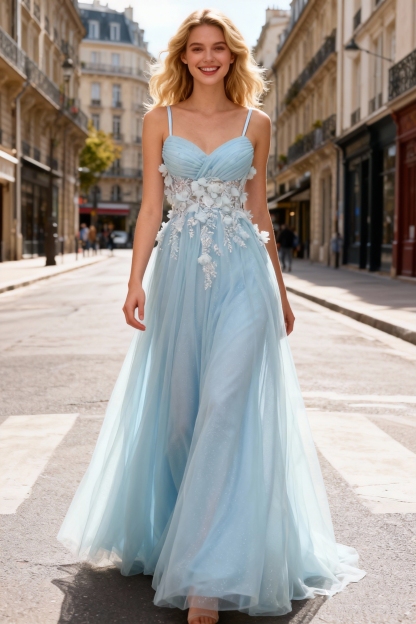 A Line Tulle 3D Floral Spaghetti Straps Prom Party Dresses 