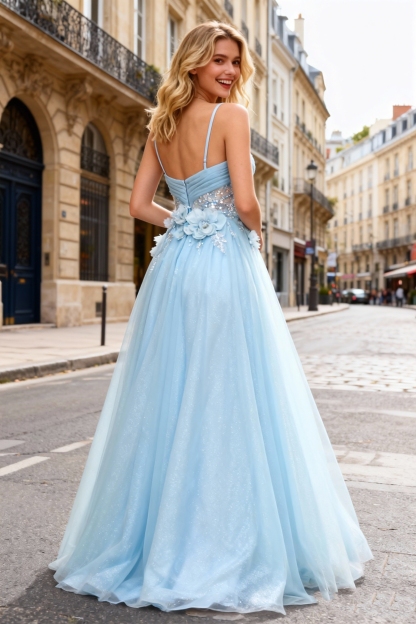 A Line Tulle 3D Floral Spaghetti Straps Prom Party Dresses 