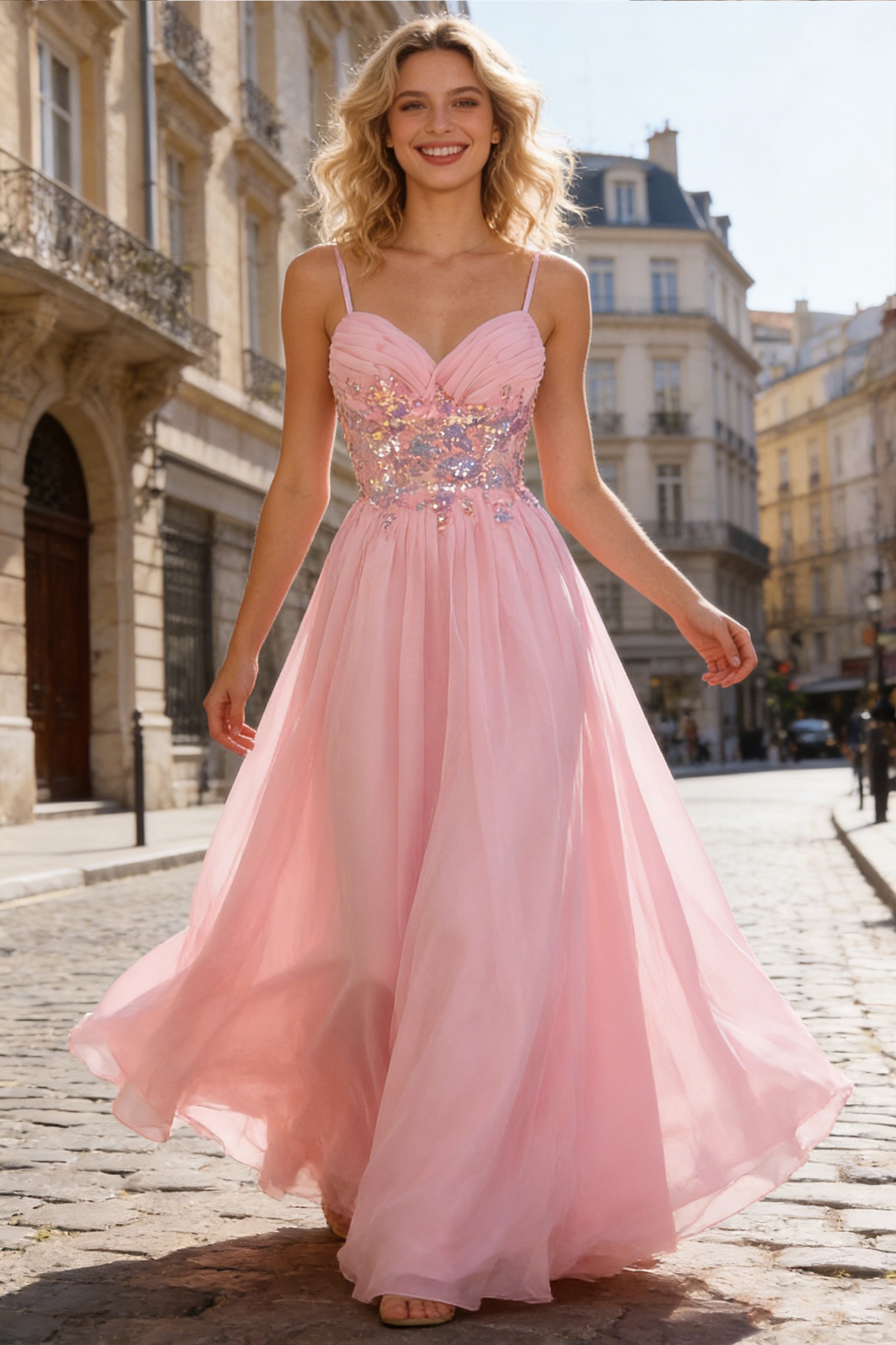 A Line Beaded Tulle V Neck Prom Party Dresses 