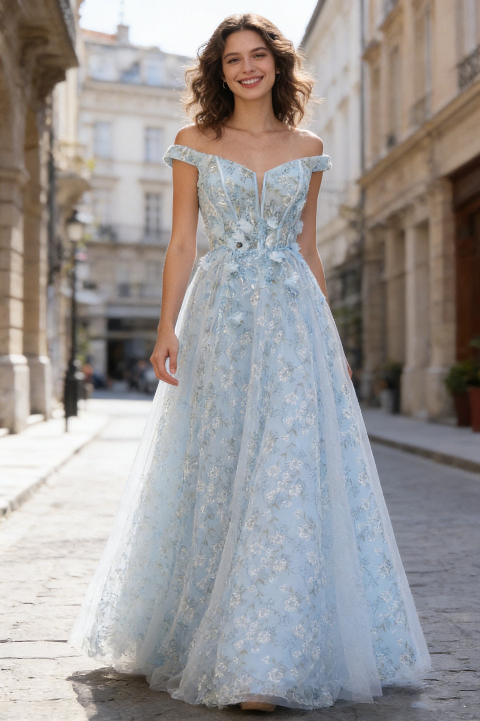 Floor Length 3D Flora Tulle Off Shoulder Prom Dresses