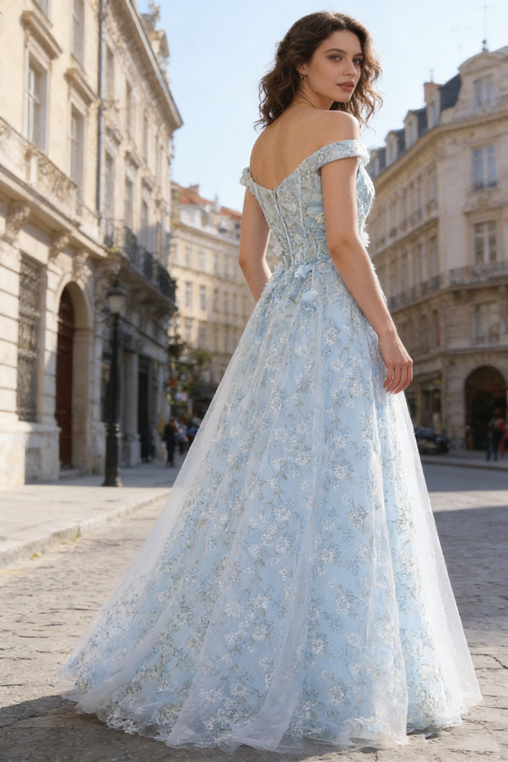 Floor Length 3D Flora Tulle Off Shoulder Prom Dresses