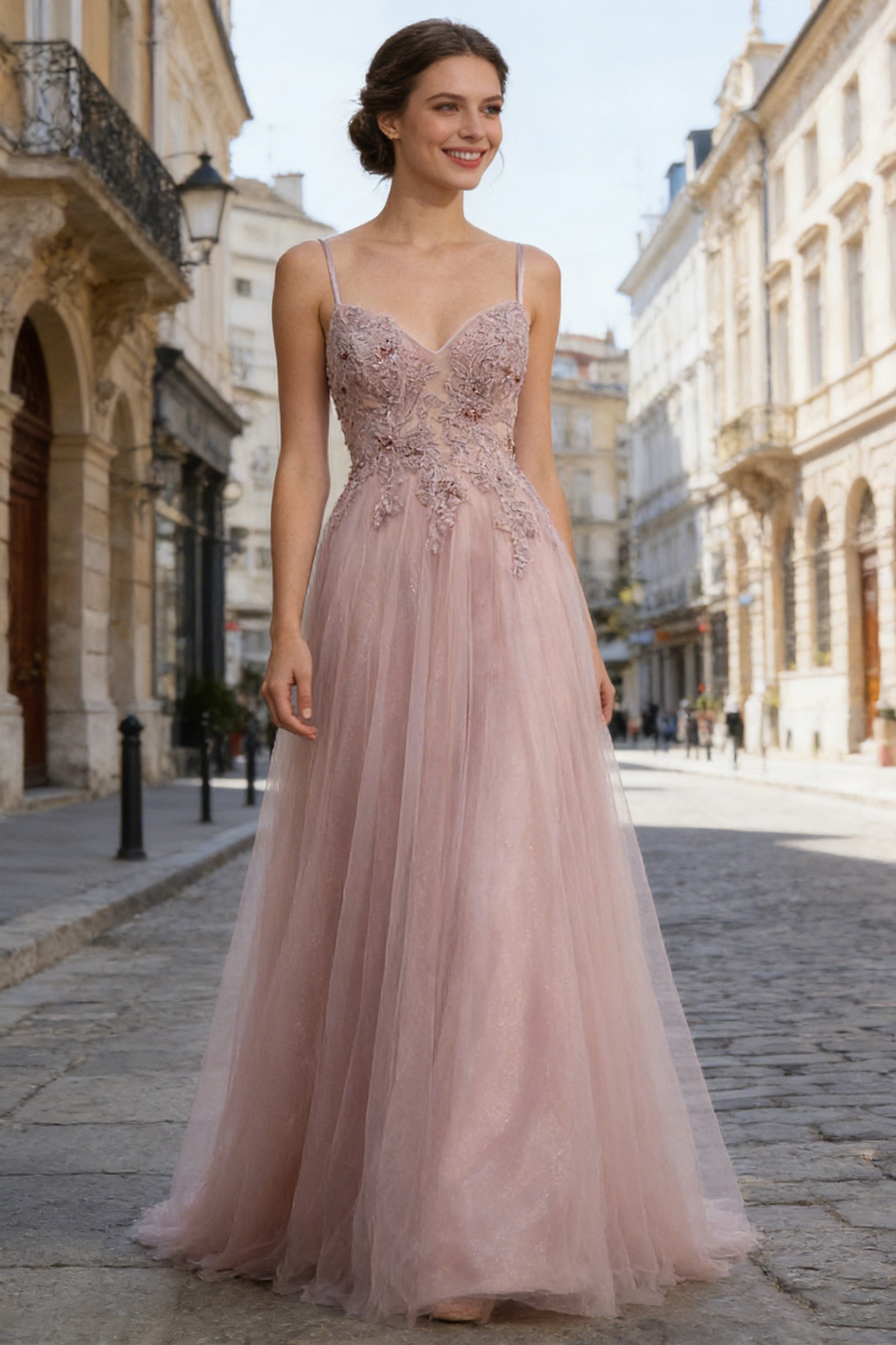 A Line Shimmering Tulle V Neck Prom Dresses with Embroidery