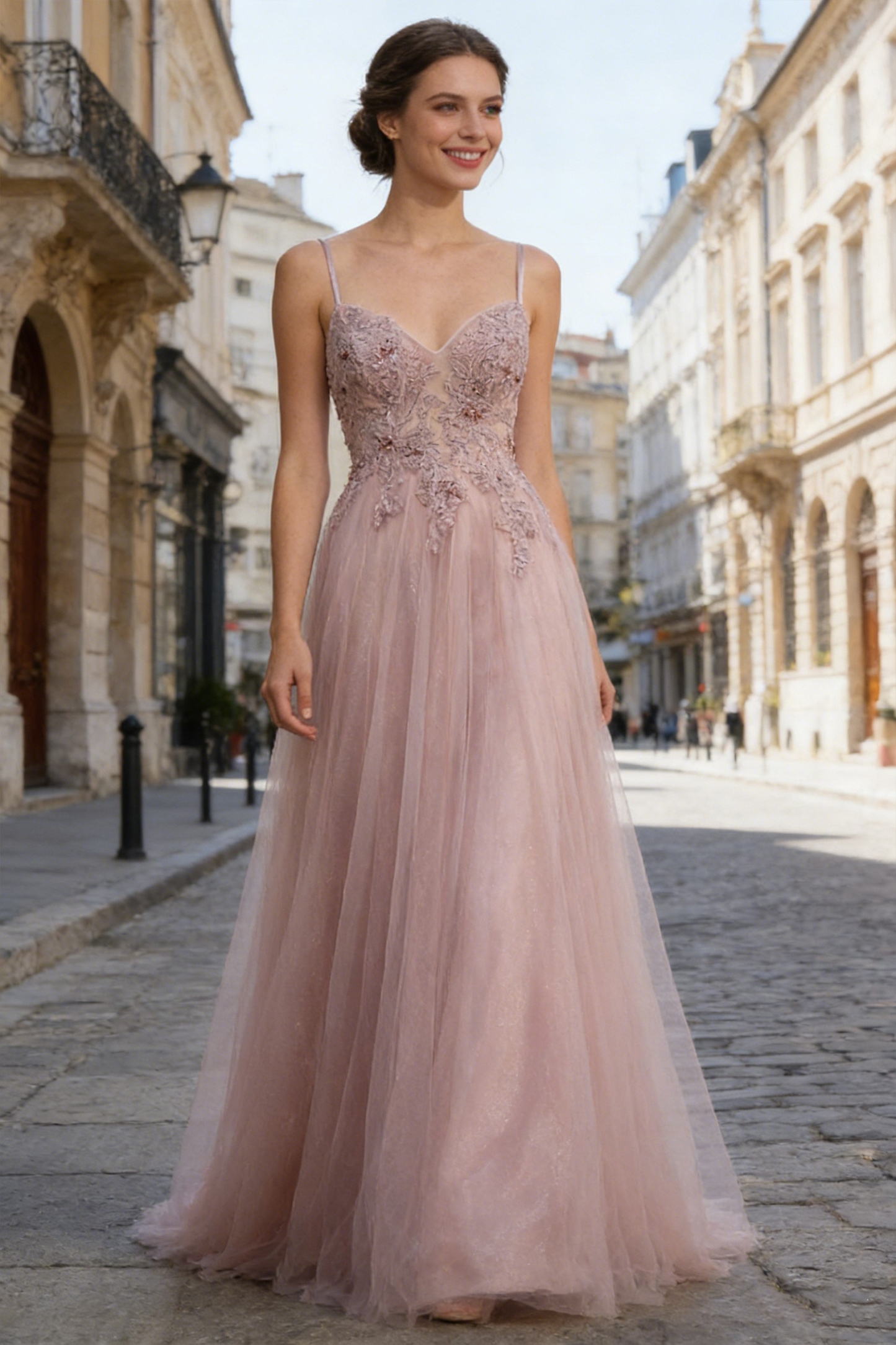 A Line Shimmering Tulle V Neck Prom Dresses with Embroidery