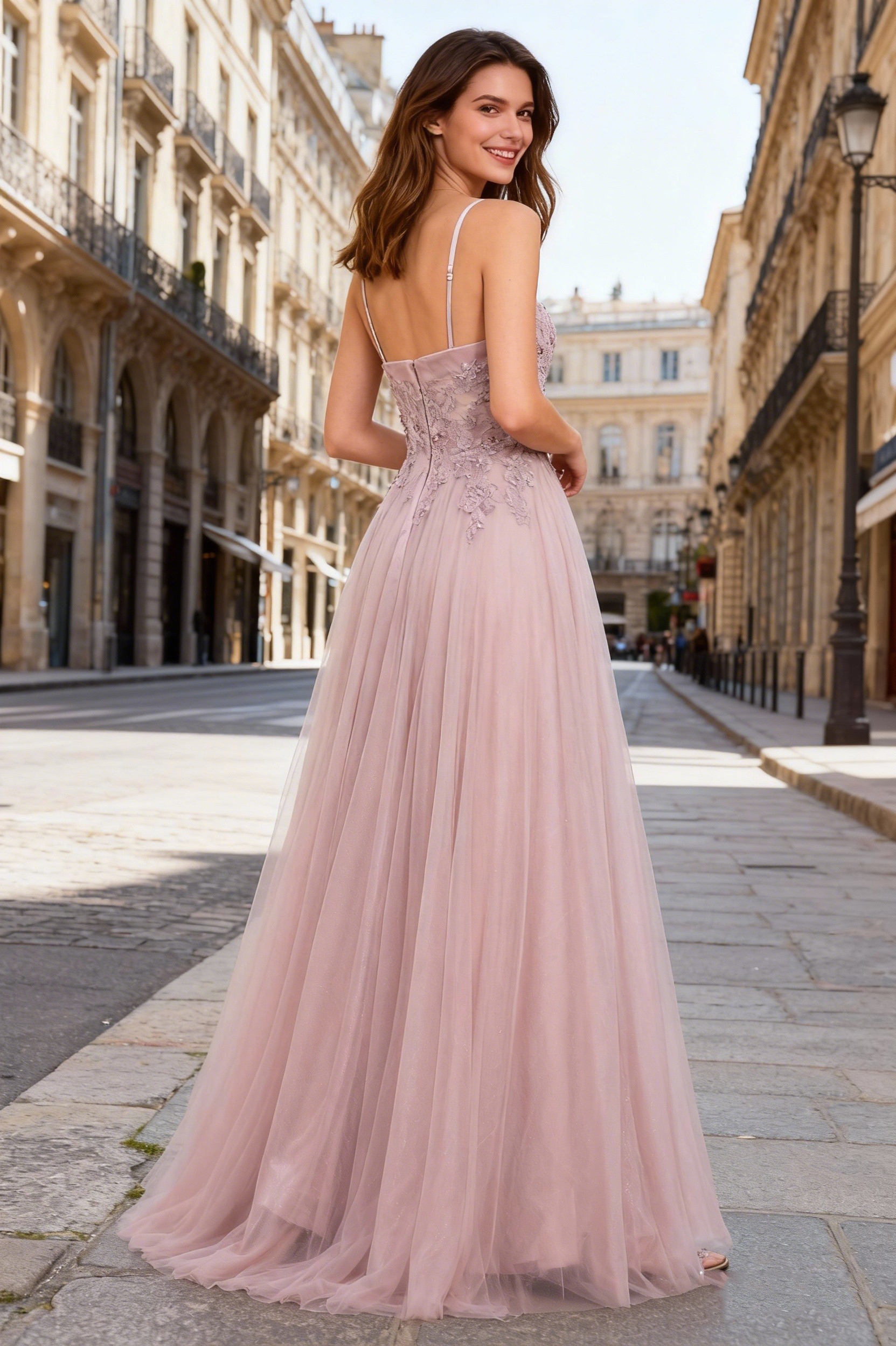 A Line Shimmering Tulle V Neck Prom Dresses with Embroidery