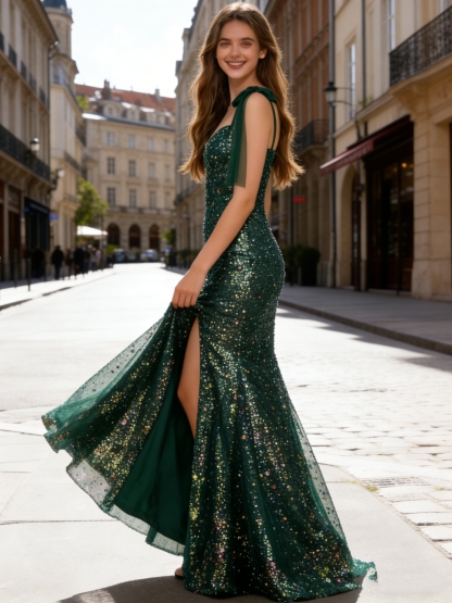 Spaghetti Straps Sequin Corset Maxi Prom Gown with Slit