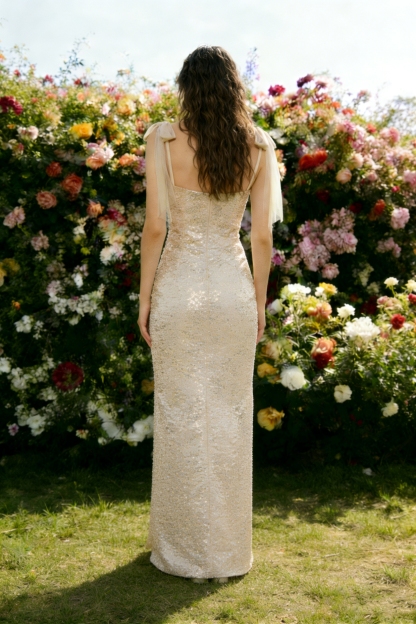 Spaghetti Straps Sequin Ruched Corset Maxi Prom Gown with Slit