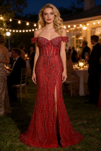 Off Shoulder Ruched Sequin Maxi Prom Dresses with Slit