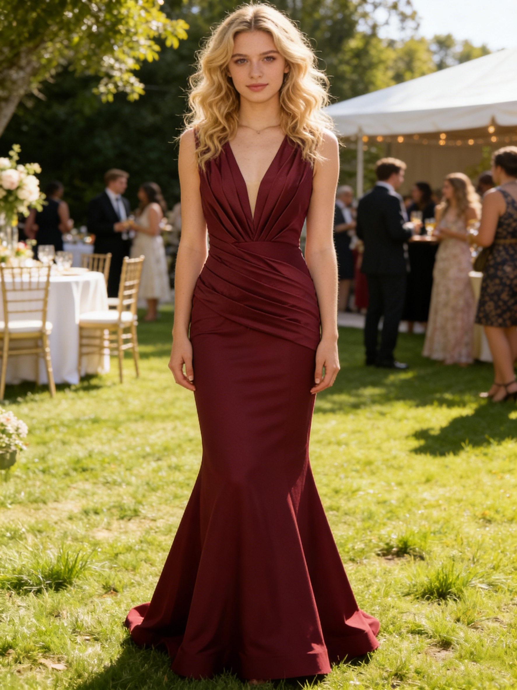 Mermaid Satin Deep V Neck Long Ruched Prom Party Dresses 