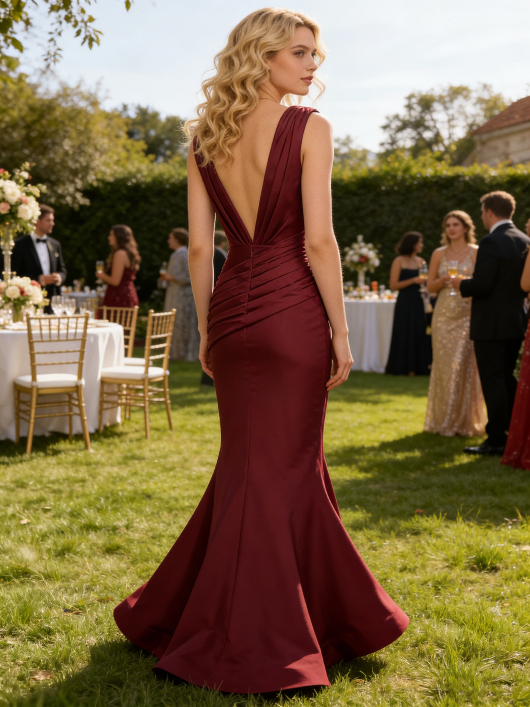 Mermaid Satin Deep V Neck Long Ruched Prom Party Dresses 