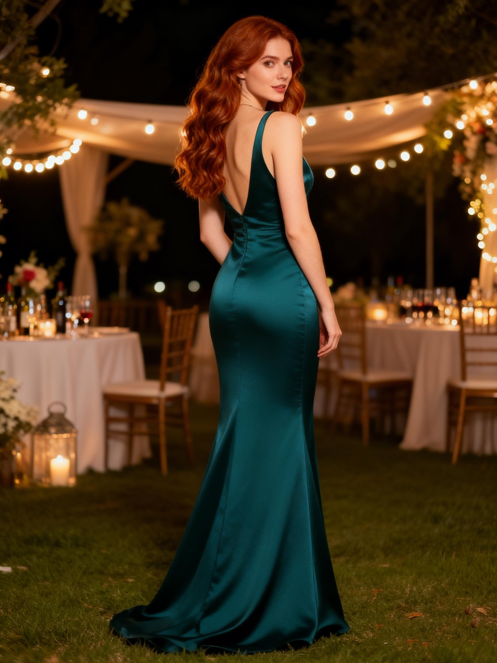 Classic Mermaid Satin Deep V Neck Long Party Prom Dresses 