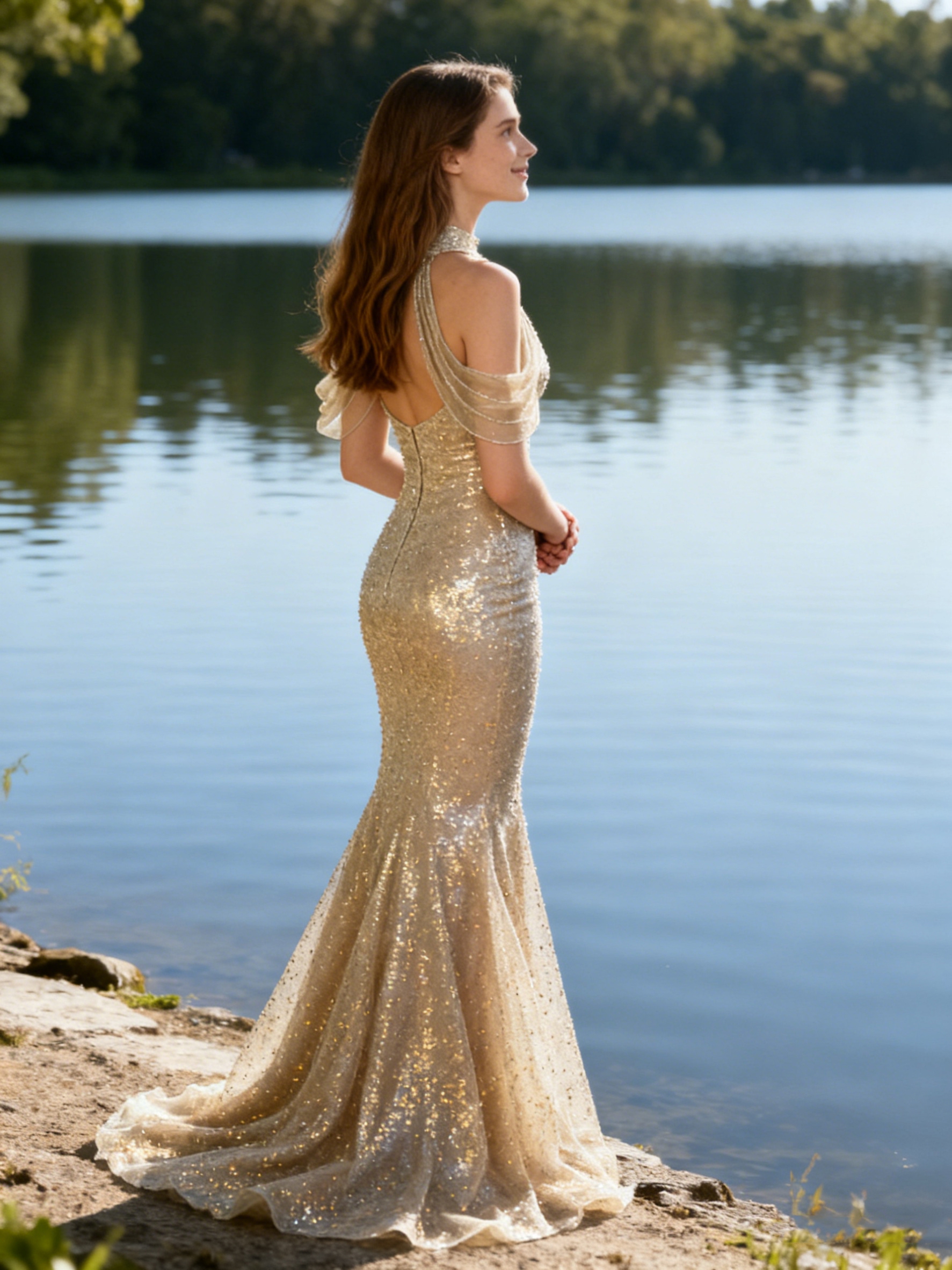 Sequin Tulle Halter Long Party Prom Dresses 