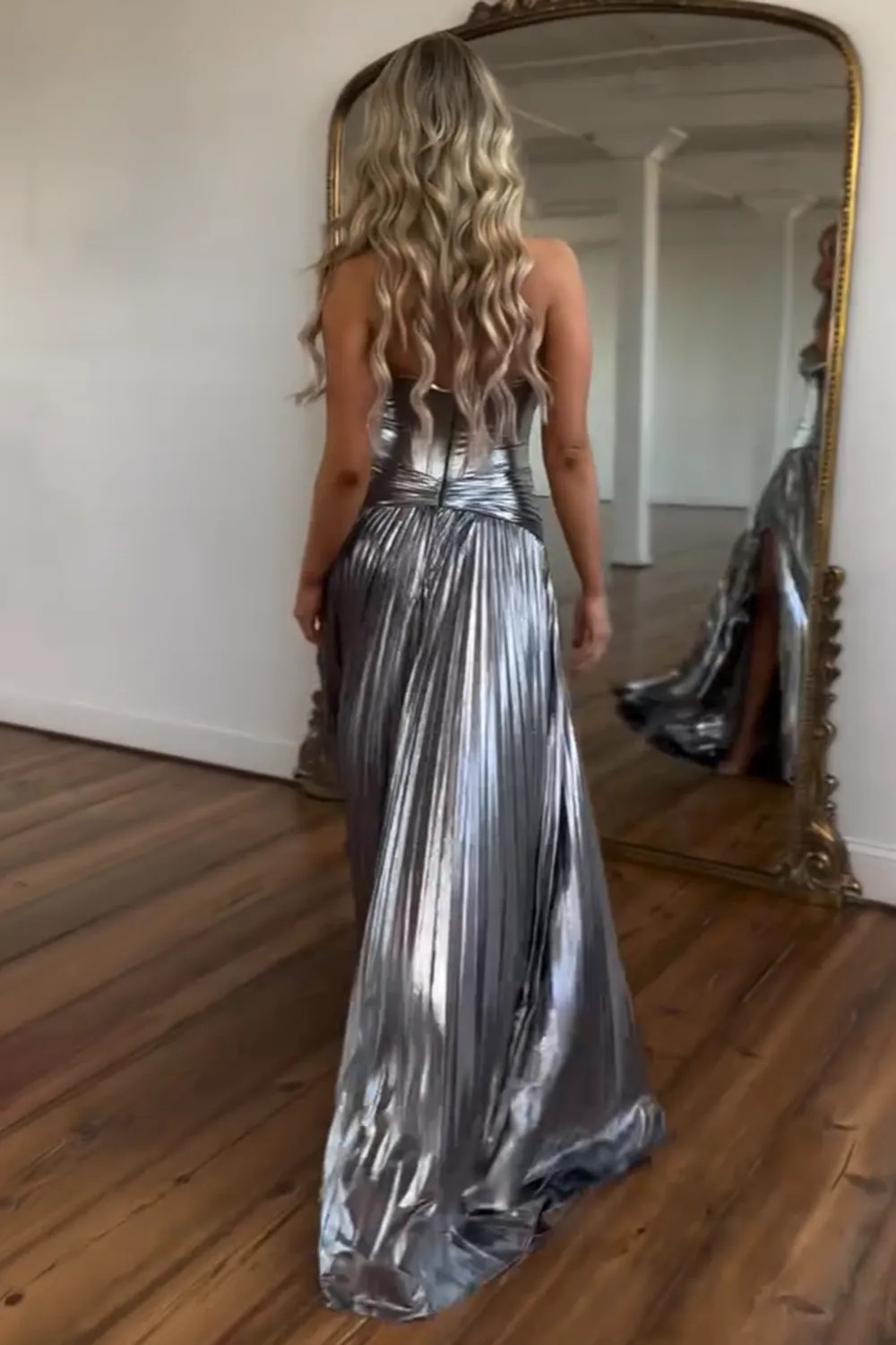 Sweetheart Metallic Pleated Long Corset Prom Dress with Slit