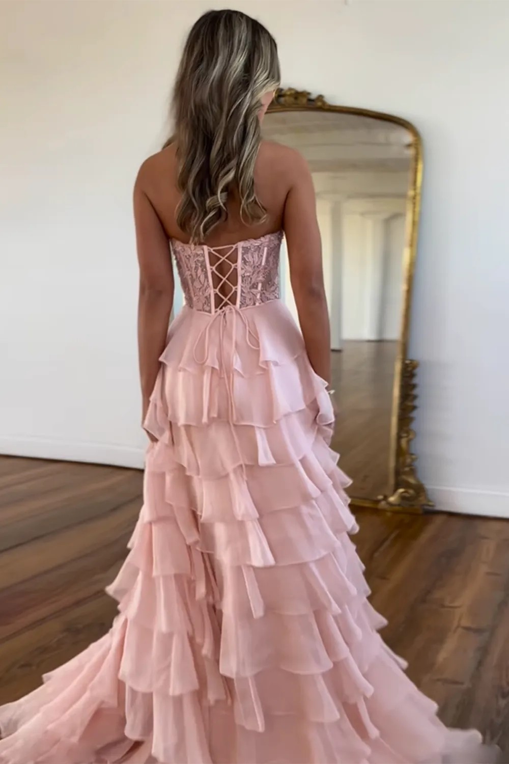 A Line Tiered Prom Dresses with Applique