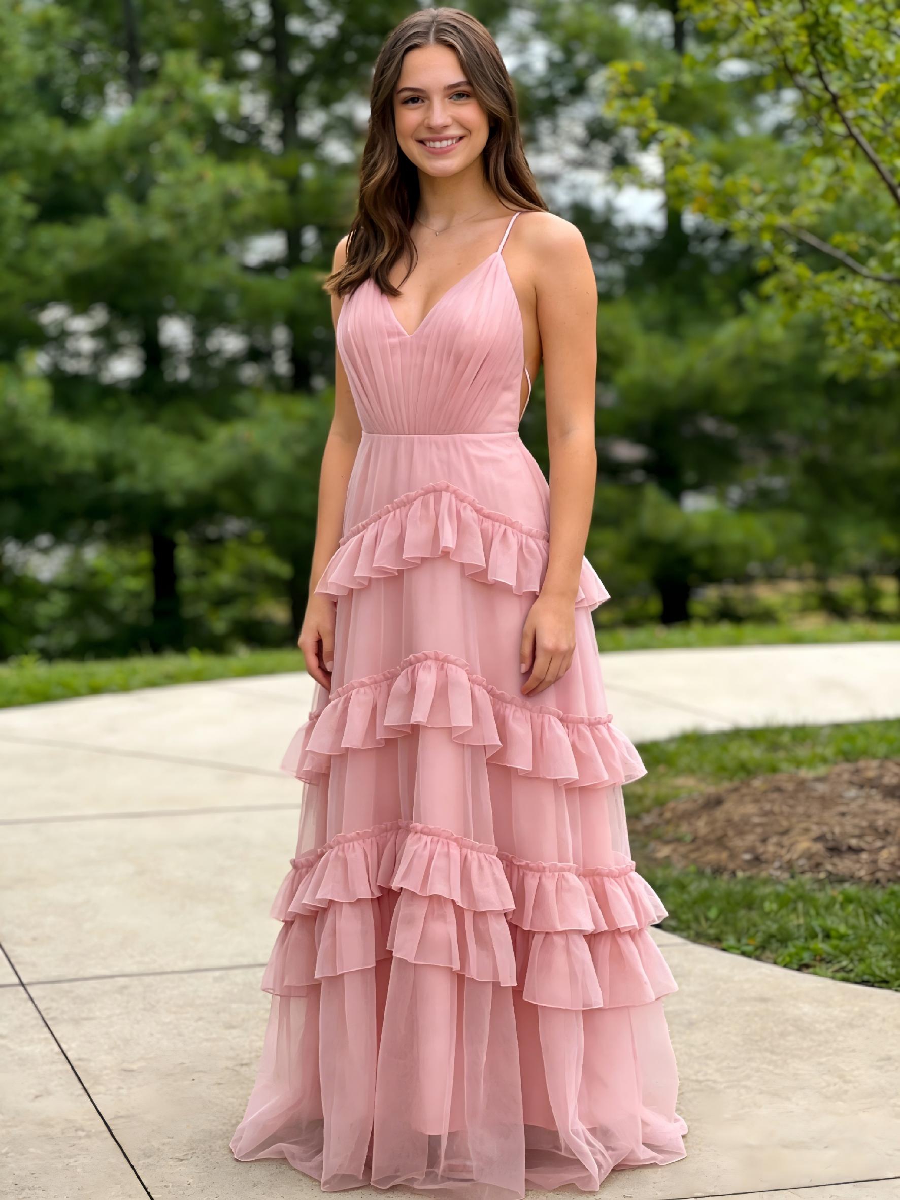 A Line Tulle Tiered Prom Dresses with Ruffle and Pleats 