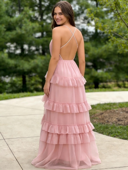 A Line Tulle Tiered Prom Dresses with Ruffle and Pleats 