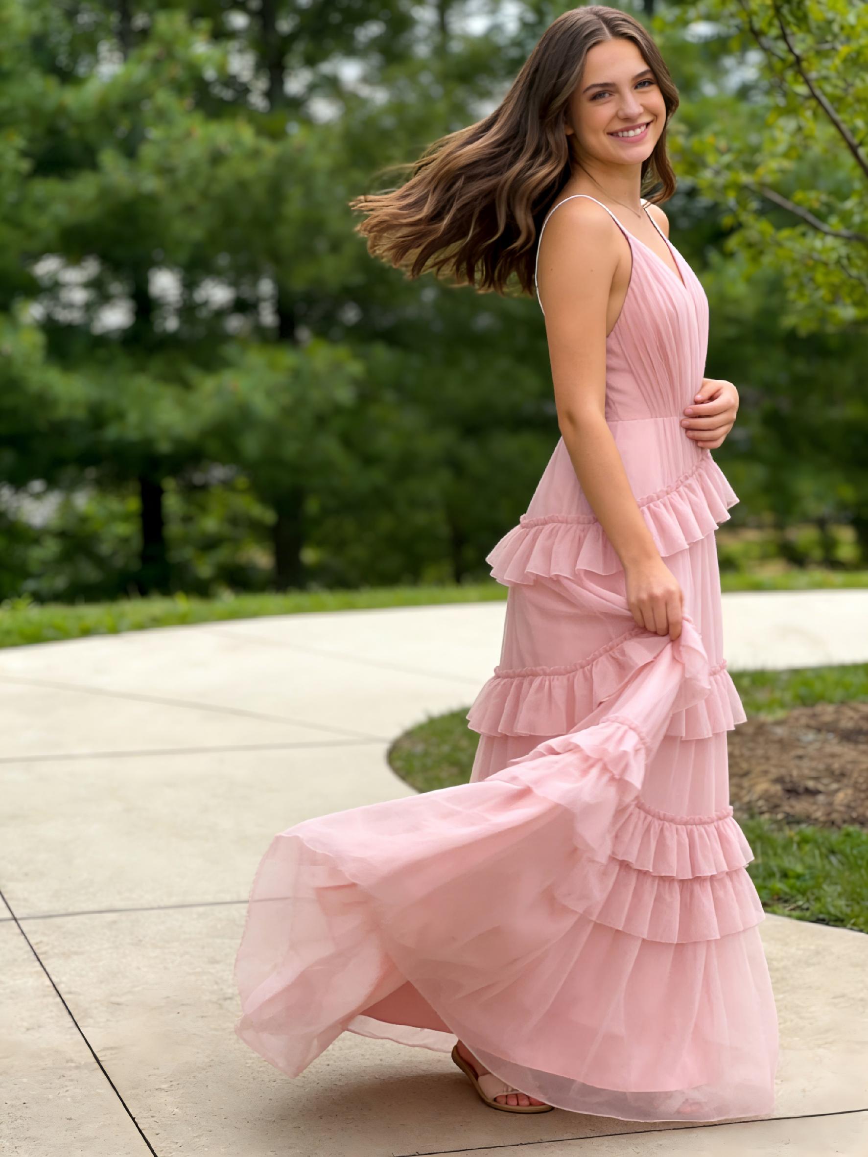 A Line Tulle Tiered Prom Dresses With Ruffle And Pleats 