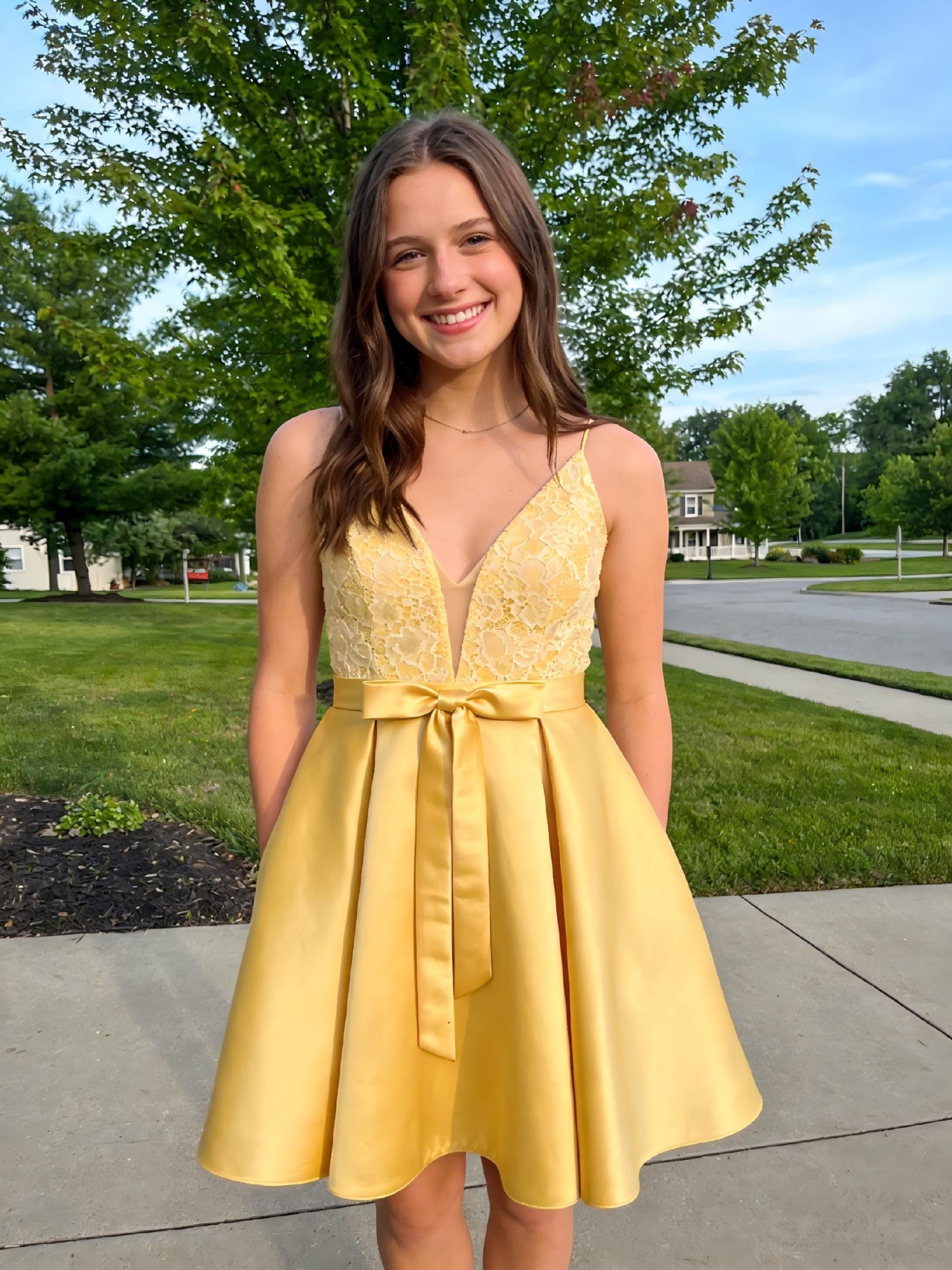 V Neck Satin Prom Dresses with Applique and Bow