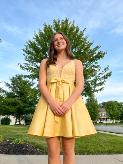 V Neck Satin Prom Dresses with Applique and Bow