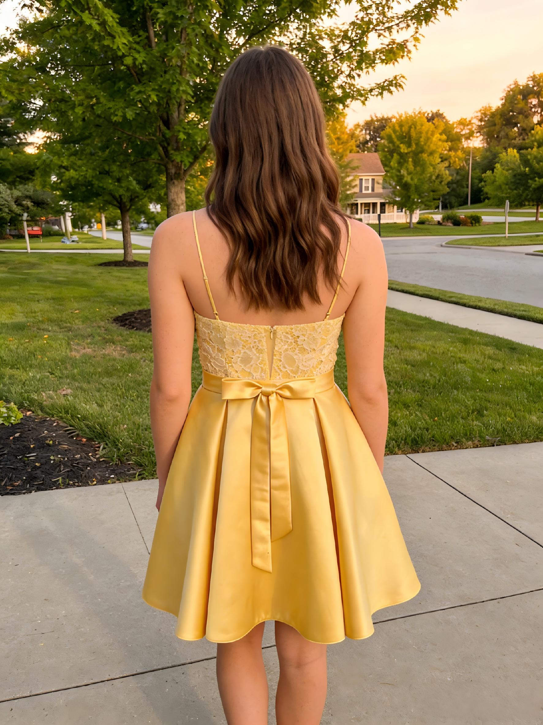 V Neck Satin Prom Dresses with Applique and Bow