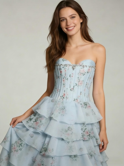 Floral Print Tiered Prom Dresses with Crystal Beaded Corset