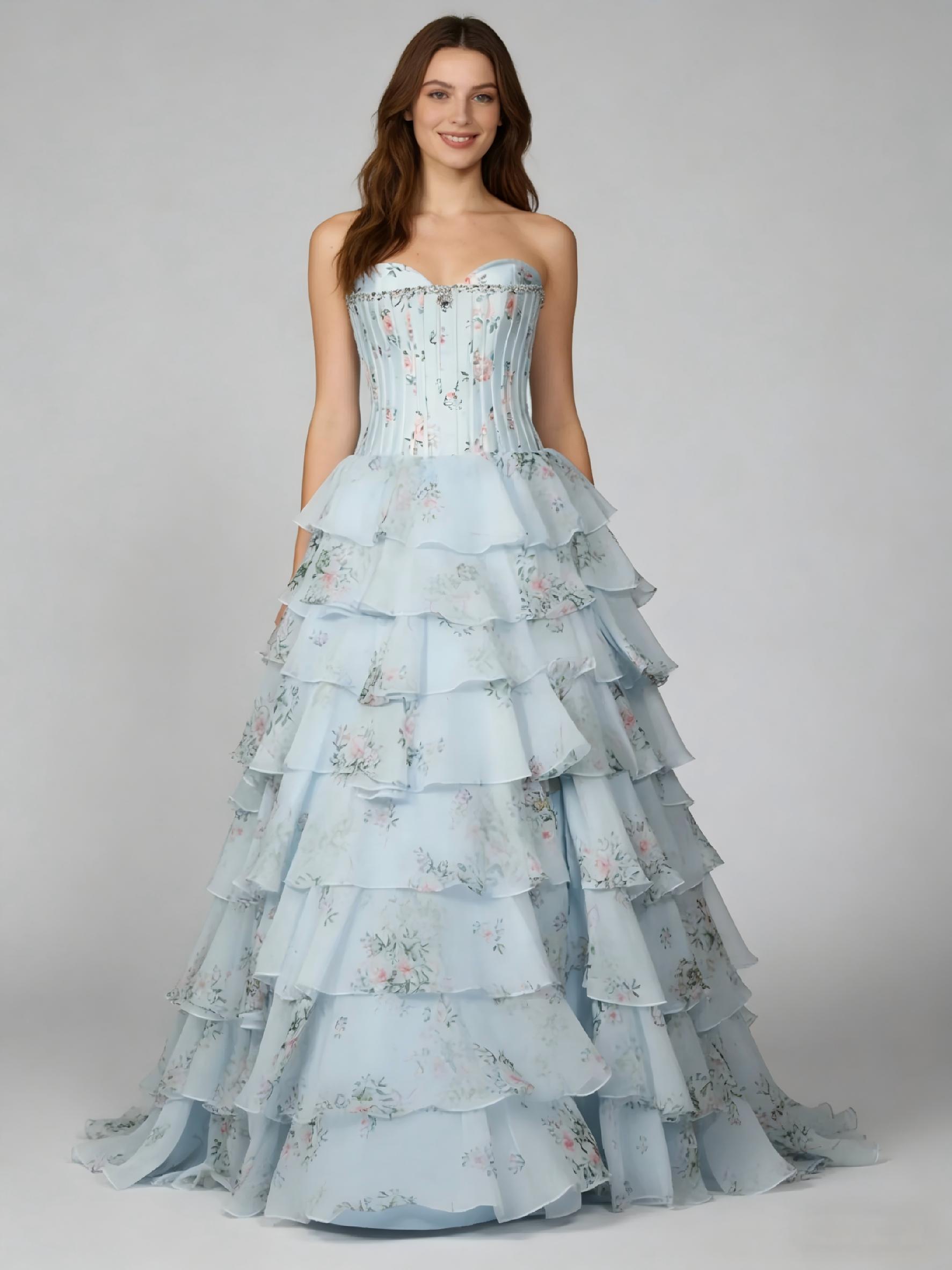 Floral Print Tiered Prom Dresses with Crystal Beaded Corset