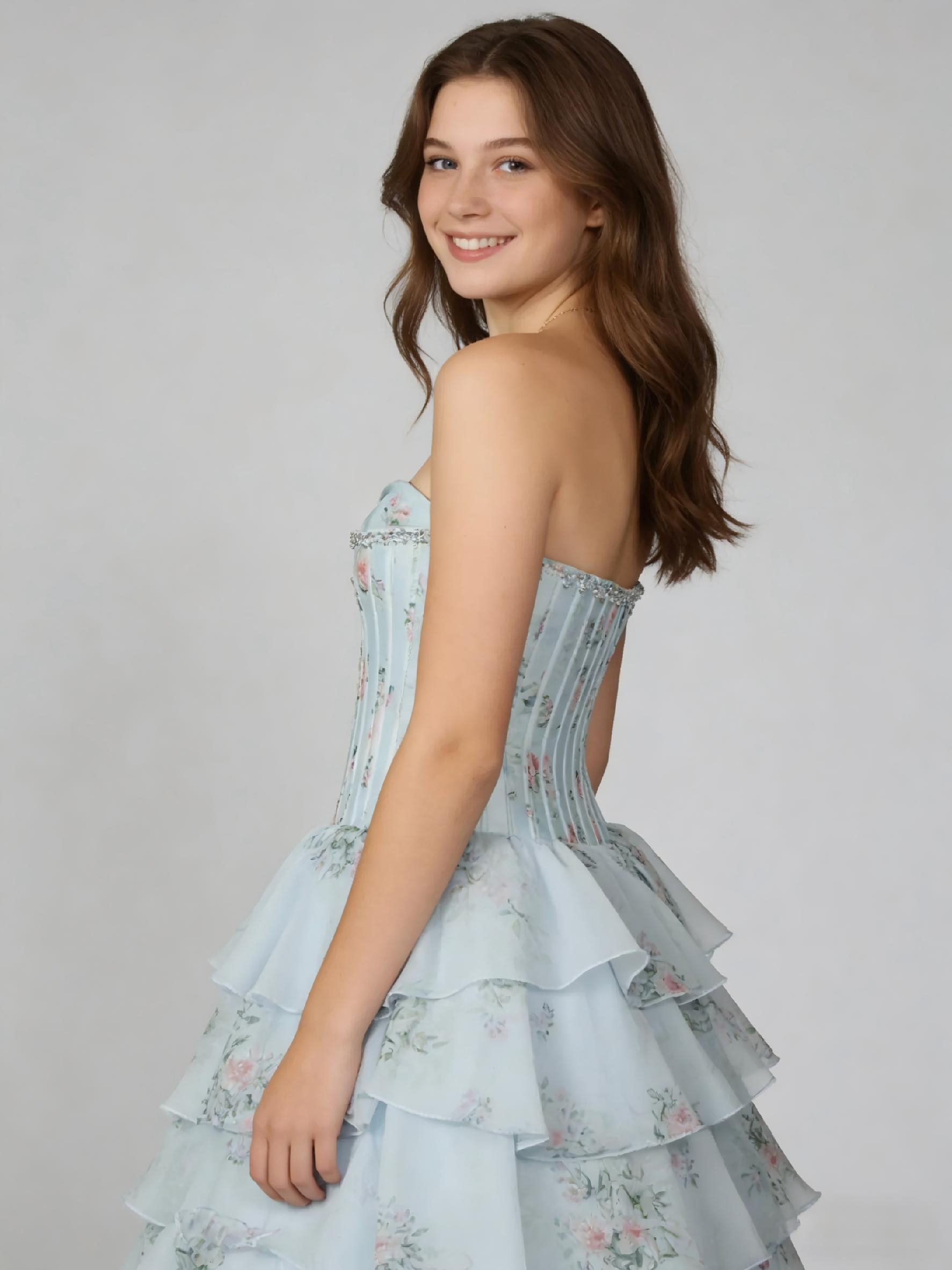 Floral Print Tiered Prom Dresses with Crystal Beaded Corset