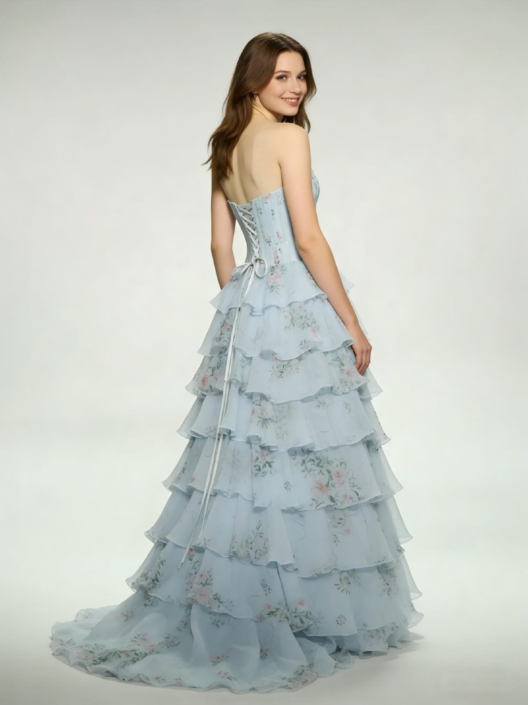 Floral Print Tiered Prom Dresses with Crystal Beaded Corset