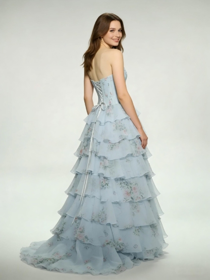Floral Print Tiered Prom Dresses with Crystal Beaded Corset