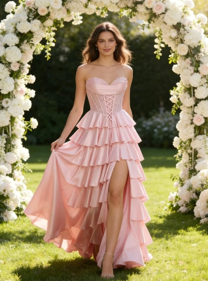 Tiered Satin Sweetheart Prom Dresses with Applique