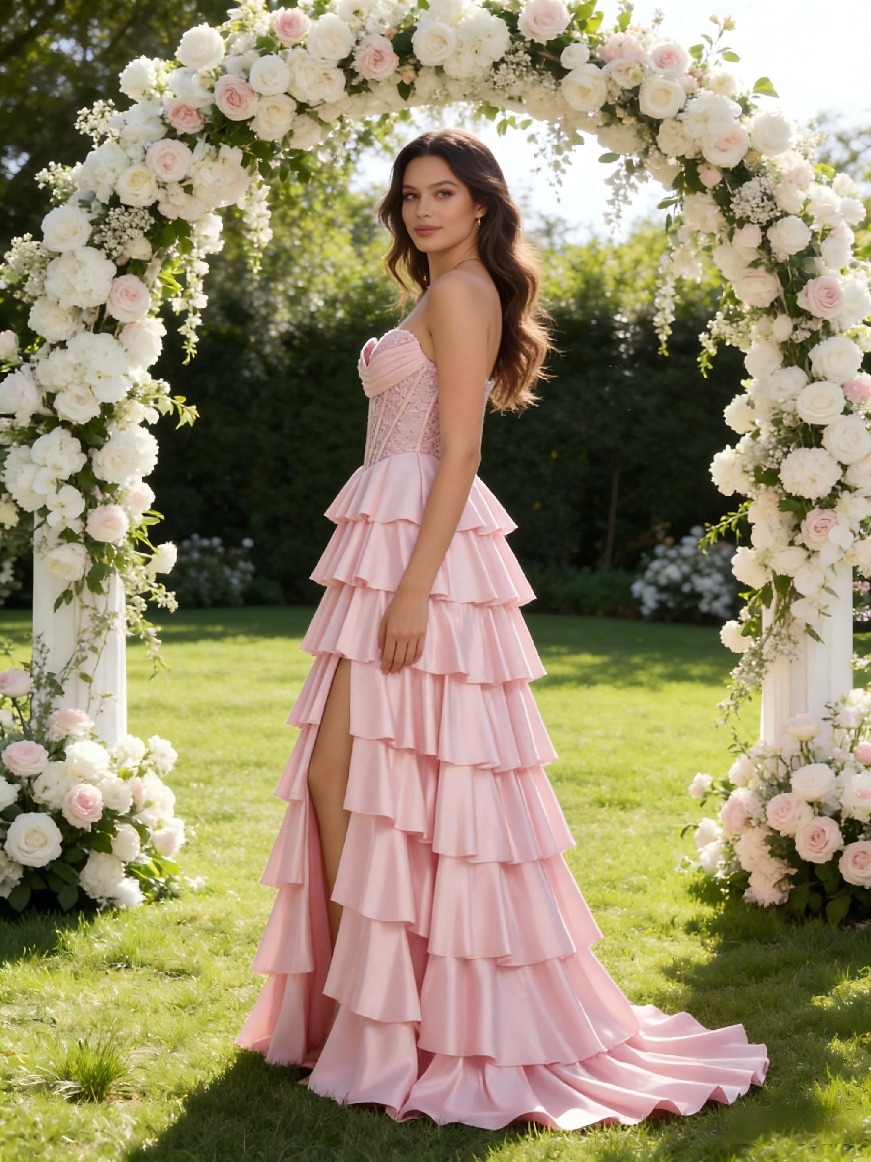 Tiered Satin Sweetheart Prom Dresses with Applique