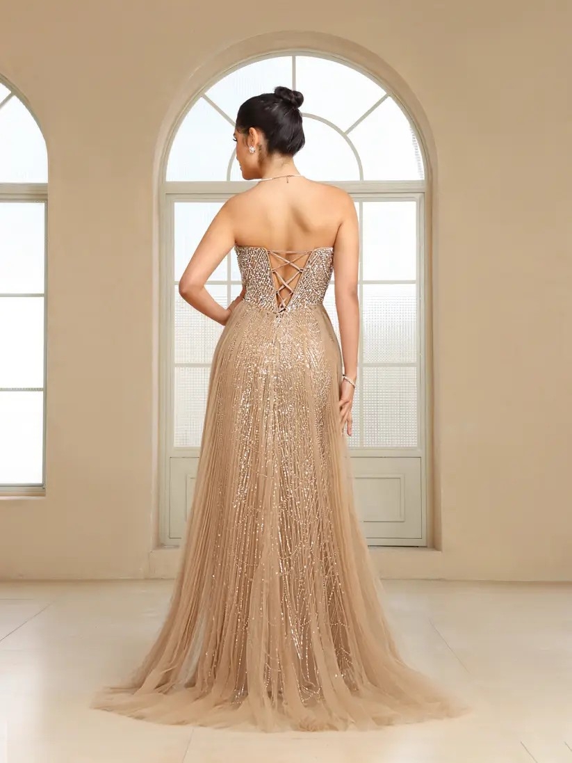 Sparkling Strapless Tulle Mermaid Gown with High Slit