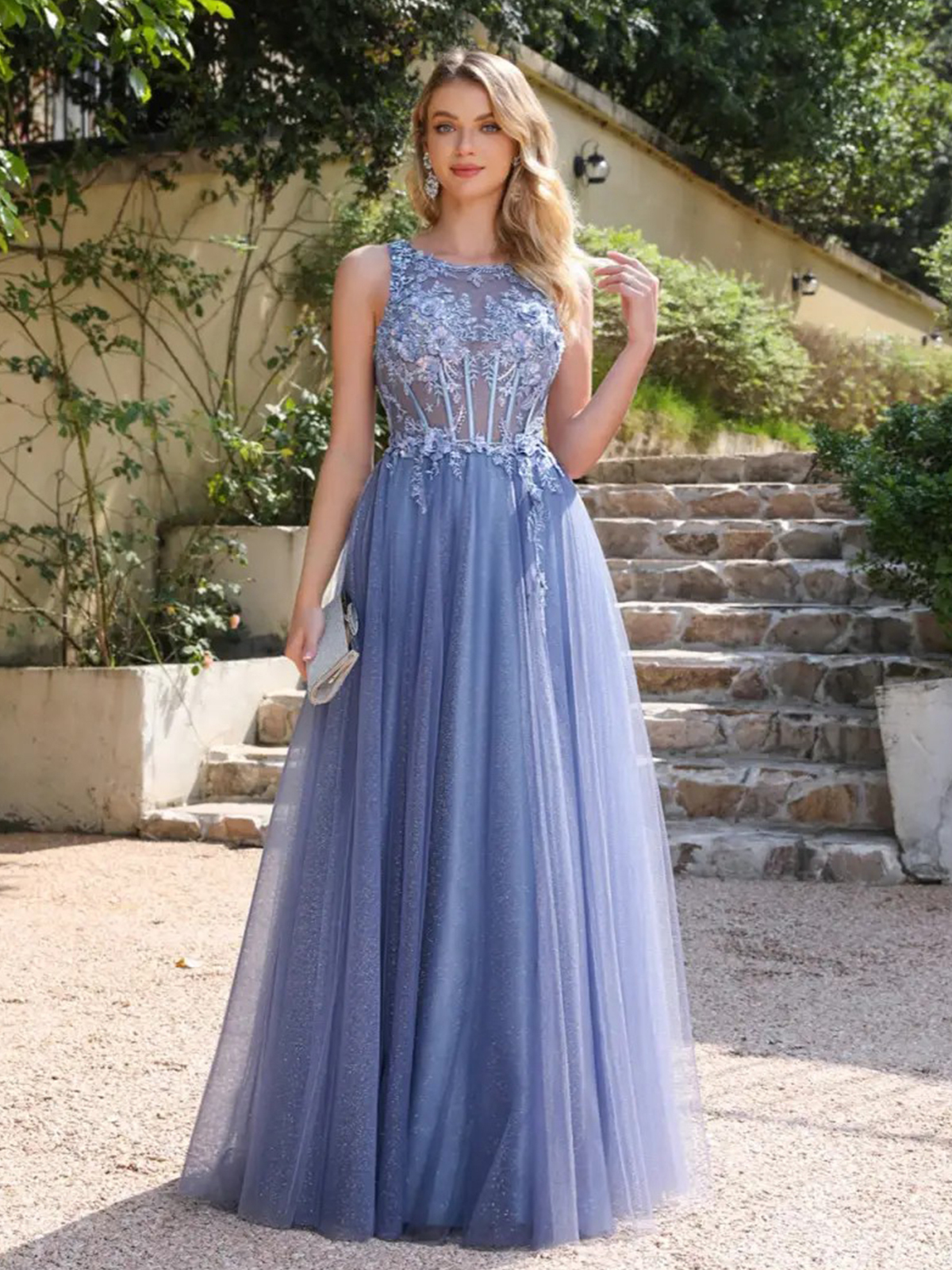 Crew Neck  Floor Length Tulle Prom Dresses with Appliques 